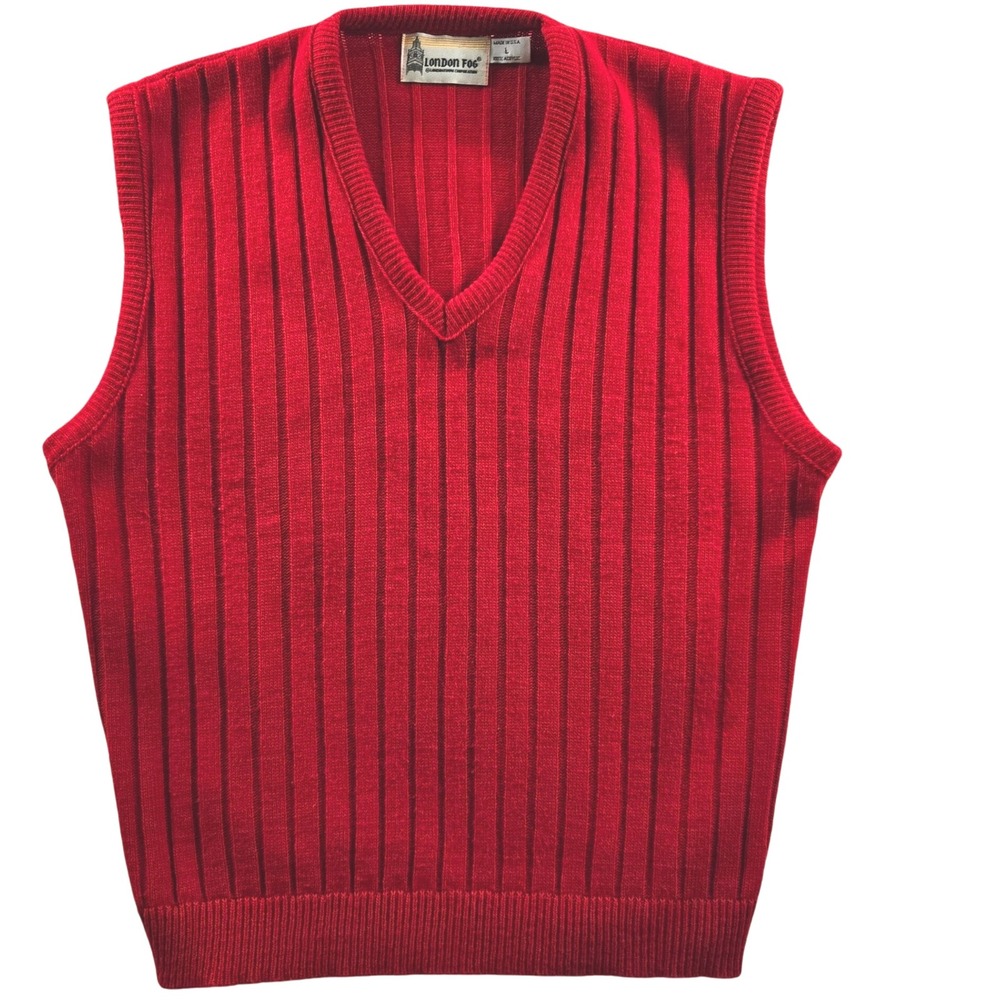 Vtg 90s Mens L London Fog Red Ribbed Knit Sweater Vest Preppy Grandpacore USA - Picture 3 of 8